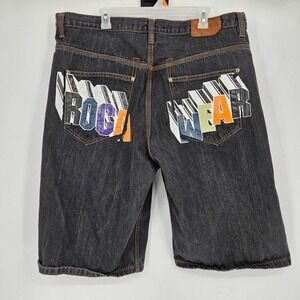 Vintage Rocawear Shorts Mens 42 Denim Jorts Black Y2K Hip Hop Graffiti